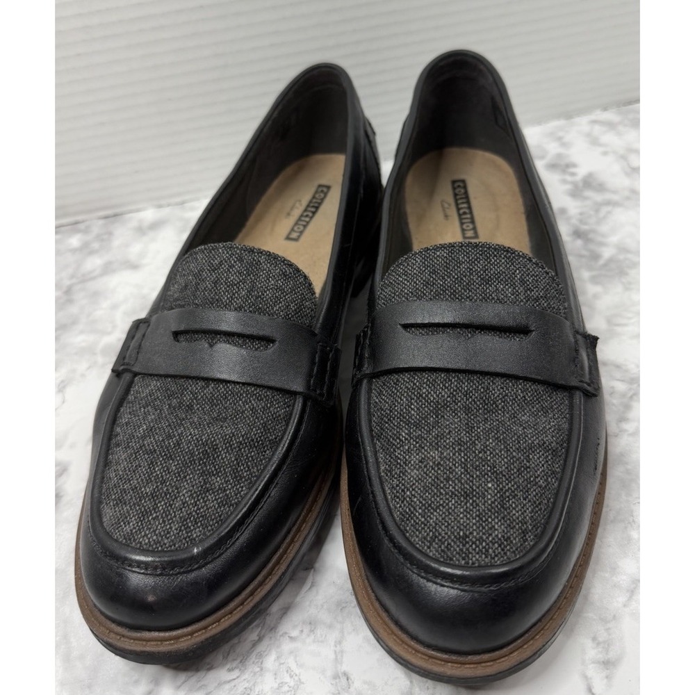 Clarks Raisie Eletta Women's 10M Black & Gray Tweed Combi Leather Penny Loafers. - Picture 2 of 10